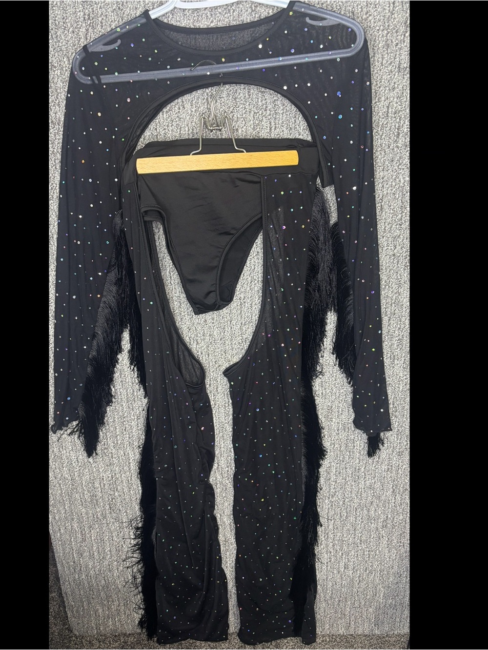 SHEIN Women’s 2-Piece Black Sheer Western Fringe Sequin Sheer Cut-Out Outfit